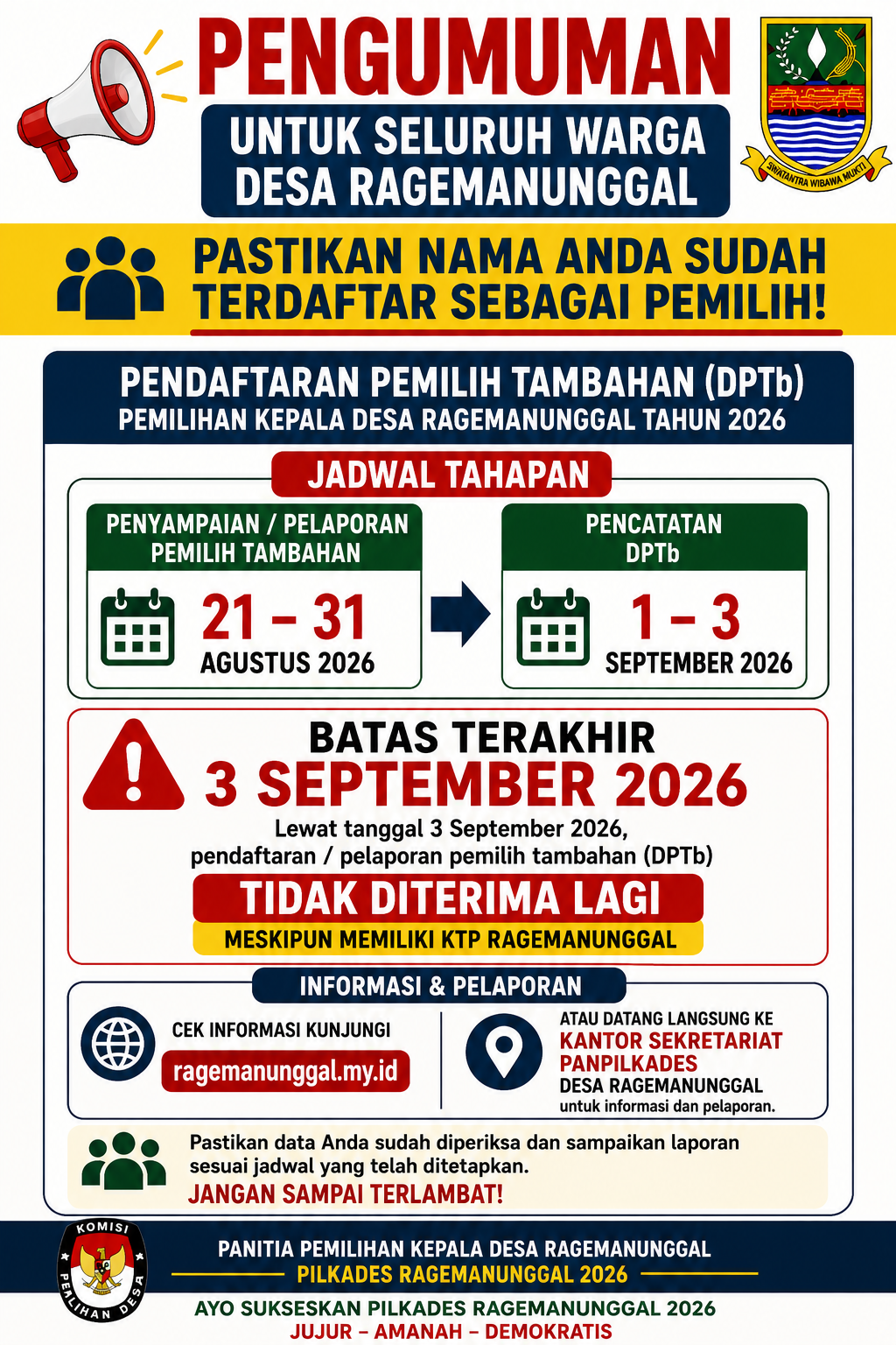 Pengumuman Batas Waktu Pendaftaran dan Pencatatan Pemilih Tambahan (DPTb) Pilkades Ragemanunggal Tahun 2026